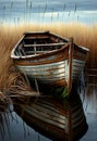 Old wooden boat stands in the reeds. AI Generated