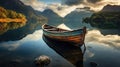 Old wooden boat on water at mountains.Amazing Nature Landscape Royalty Free Stock Photo