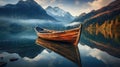 Old wooden boat on water at mountains, reflection on calm lake water Royalty Free Stock Photo