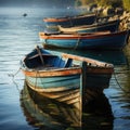 Old wooden boats moored to shore