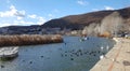 Wooden boats on Orestiada lake in Kastoria town, Greece Royalty Free Stock Photo