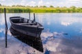 Old wooden boats on the shore of a marshy river. Rustic landscape of Louisiana, USA