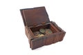 Old wooden box with old coins Royalty Free Stock Photo