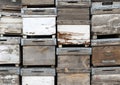 Old wooden boxes background. Old beehives. Royalty Free Stock Photo