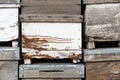 Old wooden boxes background. Old beehives. Royalty Free Stock Photo