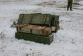 Old wooden boxes on snow. Royalty Free Stock Photo