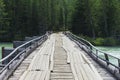 Old wooden bridge through Argut River. Russia. Siberia