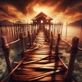 Old Wooden Bridge Leading to the Sea, Generative AI. Royalty Free Stock Photo