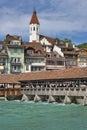 Old wooden bridge over Aare river. Thun town is located near Lake Thunersee, in Bernese Oberland Royalty Free Stock Photo