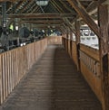 Old wooden bridge over Aare river. Thun town is located near Lake Thunersee, in Bernese Oberland