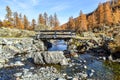 Old wooden bridge over narrow stream on mountain Royalty Free Stock Photo