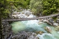 Old wooden bridge over Soca river Royalty Free Stock Photo