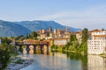 Old wooden bridge spans the river brenta at the romantic village Basano del Grappa, Italy