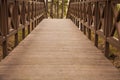 Old wooden bridge with stairs in forest. Staircase in the wood. Adventure and explore concept Royalty Free Stock Photo