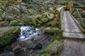 Old Wooden Bridge With Water Cascade Flowing Through Big Rocks In The Forest