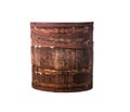 Old wooden brown barrel with rusty metal rings. Isolated background