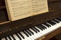 Old wooden brown classic piano with stave and music