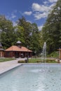 Old wooden building of pump room of Jan mineral healing water, Krynica-Zdroj, Poland Royalty Free Stock Photo