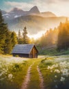 Old wooden cabin on a valley surrounded by coniferous forest and mounts under soft mist with a trail leading to the cottage across