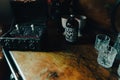 Old wooden cabinet with drinks and glaces