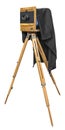 Old wooden camera on a tripod isolated on white background Royalty Free Stock Photo