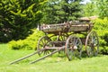An old wooden cart with large wheels in the farm with forest background Royalty Free Stock Photo