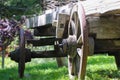 An old wooden cart with large wheels in the farm Royalty Free Stock Photo