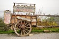 Old wooden cart near a tasting typical products farmhouse in tuscan countryside of Montepulciano, Tuscany, Italy