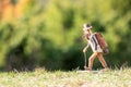 Old wooden carved out man hiker figure, with backpack, walking stick, tobacco pipe and hat outdoors in nature.