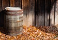 Old wooden cask against wall boards in autumn. Royalty Free Stock Photo
