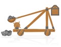 Old wooden catapult loaded stones vector illustration