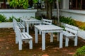 Old wooden chairs in the aisles Royalty Free Stock Photo