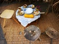 Old wooden chairs and pumpkin on the table Royalty Free Stock Photo