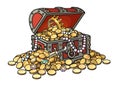 Old wooden chest full of golden coins and jewelry. Pirate treasure, diamonds, pearls, crown, dagger. Hand drawn cartoon Royalty Free Stock Photo