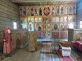 Old wooden church interior in Kostromskaya Sloboda wooden architecture park. Kostroma, Russia