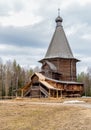 Old Wooden Church in the Museum of wooden architecture and folk art Malye Korely. Royalty Free Stock Photo