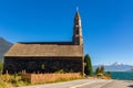 Old wooden church near Bertran lake, mountains beautiful landscape, Chile, Patagonia, South America Royalty Free Stock Photo