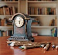 Old wooden clock and colored pencils