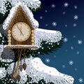 Old wooden clock with fir tree and snow Royalty Free Stock Photo