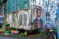 Old wooden construction trailer with graffiti art in hotspot of Dusseldorf, Germany