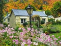 Old wooden cottage with a vintage street light and large flowerbed on the foreground and autumn coloured trees on the background Royalty Free Stock Photo