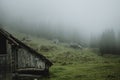 Old wooden cottages on green meadows of valley called Planini pri jezeru during the misty rainy day in Slovenian mountains