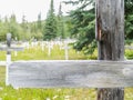 Old wooden. cross close up with defocused field of white crosses of graveyard Royalty Free Stock Photo