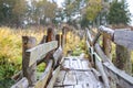 Old, wooden, dilapidated bridge across an abandoned river in the forest Royalty Free Stock Photo