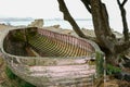 Old wooden dinghy from bow and inside ribs and structure under tree on damp winter day Royalty Free Stock Photo