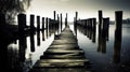 Old wooden dock on a tranquil body of water, extending out into the horizon. AI-generated. Royalty Free Stock Photo