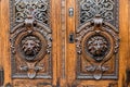 Old wooden door. Big two heads of lion on the front . vintage door knocker. Royalty Free Stock Photo