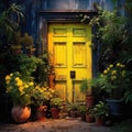 Old wooden door of a brick house decorated with plants, window,house,background, AI generated Royalty Free Stock Photo