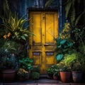 Old wooden door of a brick house decorated with plants, window,house,background, AI generated Royalty Free Stock Photo