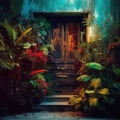 Old wooden door of a brick house decorated with plants, window,house,background, AI generated Royalty Free Stock Photo